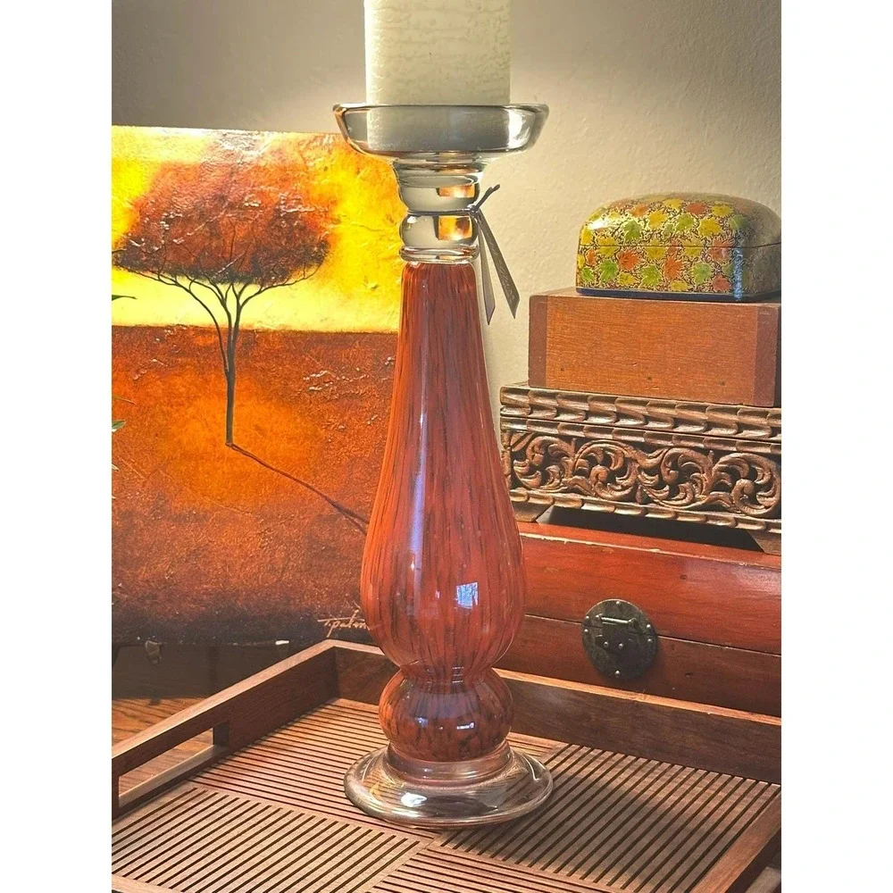 Vintage Pier 1 Imports 15-inch Red & Brown Glass Pillar Candlestick Holder